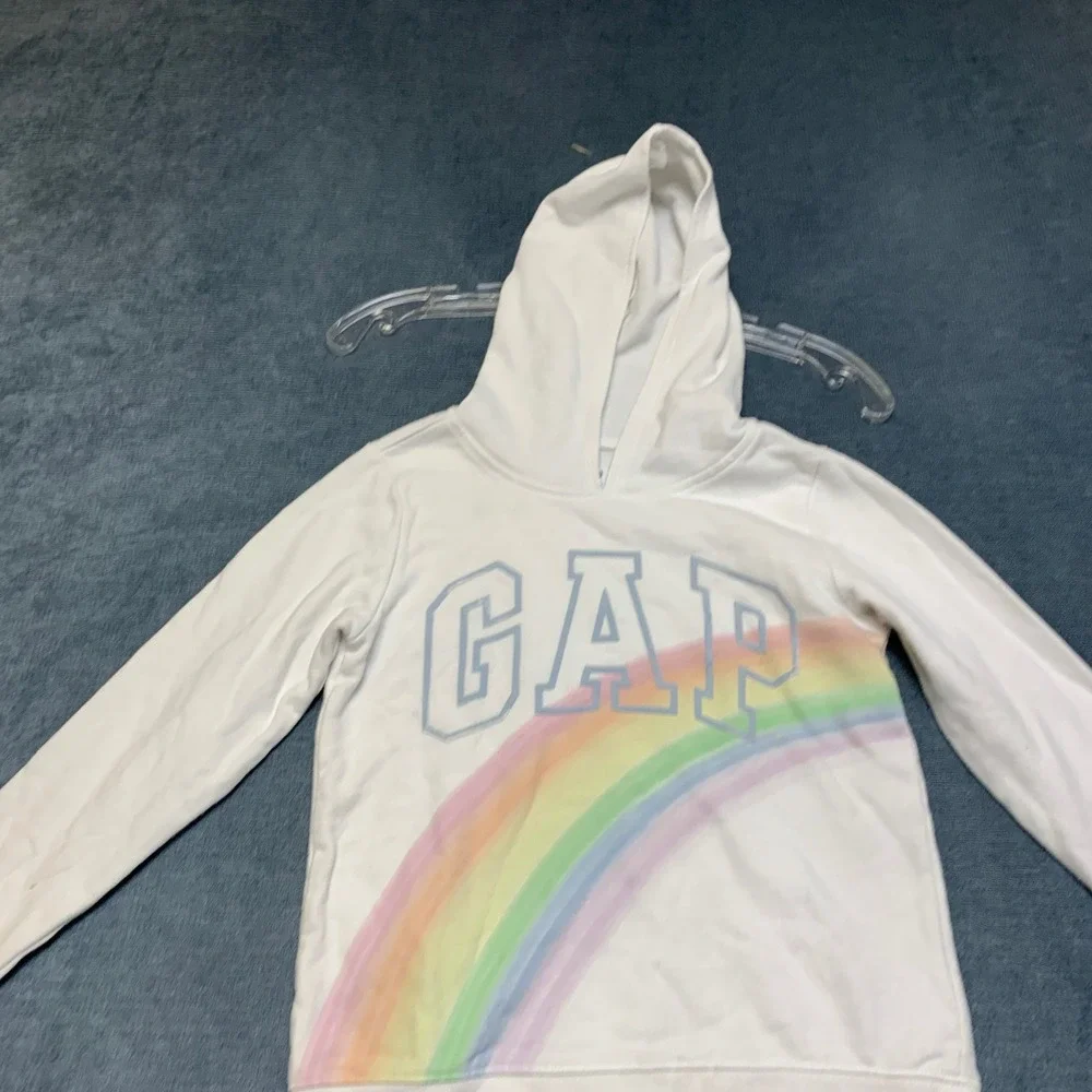 Gap Hoodie Kids M8 White Rainbow Graphic Print Logo Short Sleeve Pullover